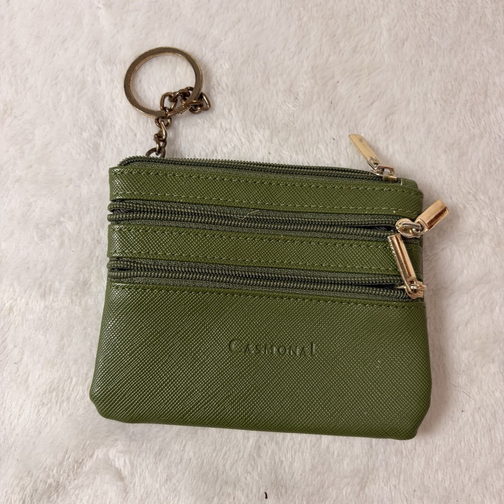 Casmonal Faux Leather Coin Purse Slim Minimalist  Pocket Wallet Olive Green EUC